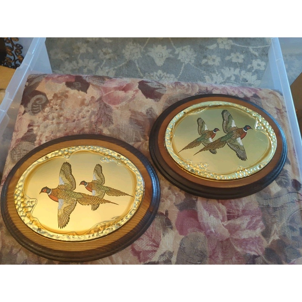 2 MCM Vintage Pheasant Brass Wall Hangers Plaques Decor Hunting Birds